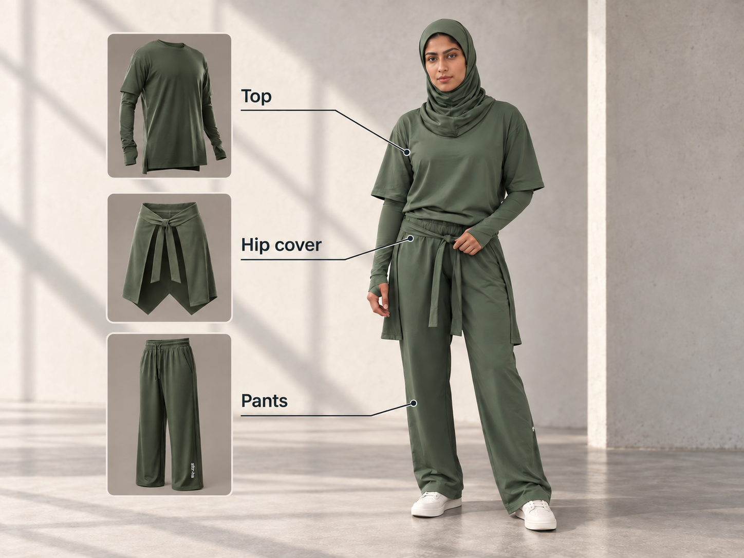Three-piece olive set: top, removable hip cover and pants. Hijab sold separately.