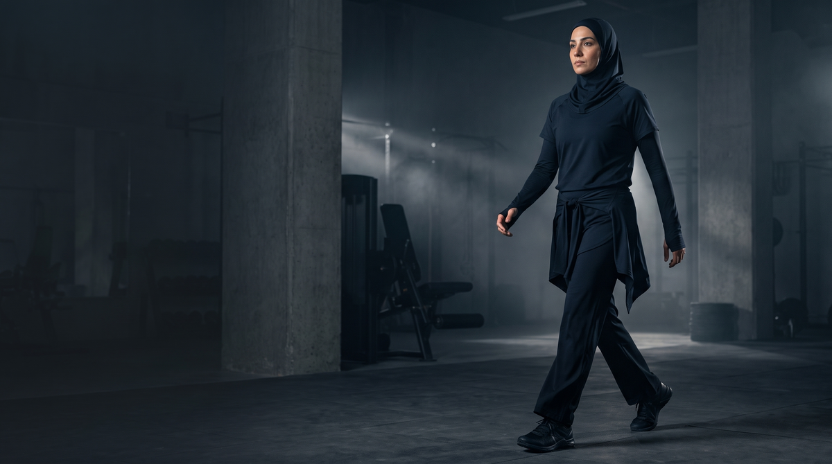 A woman walking through a dark architectural space in the dark navy sitr-ha three-piece set. Performance Hijab sold separately.