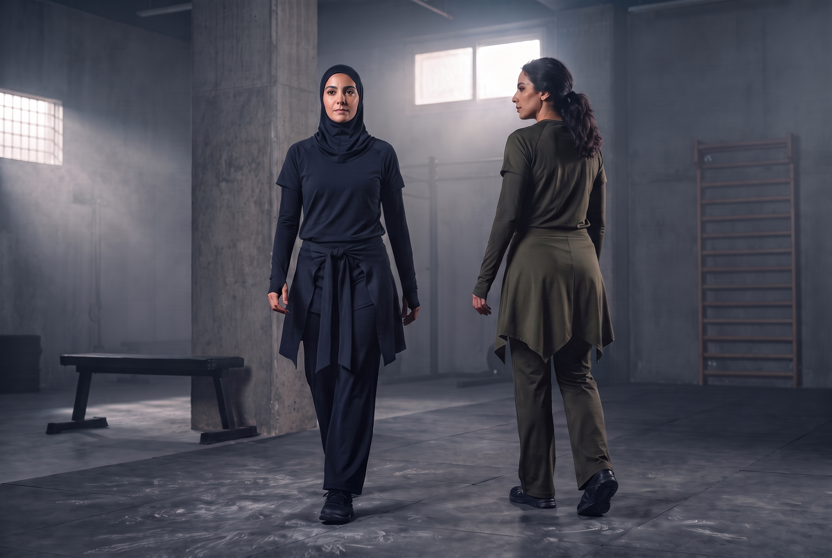 Two women in dark navy and olive sitr-ha sets in an architectural training space, styled with and without a hijab.